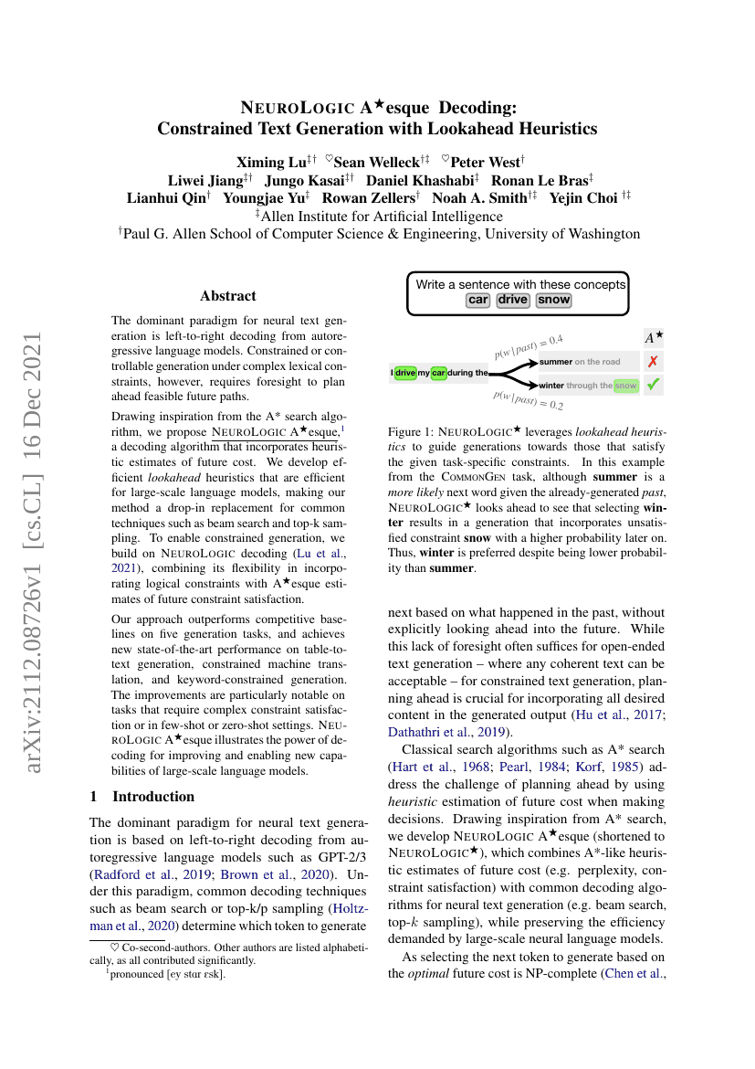 NeuroLogic A*风格解码:基于前瞻启发式约束文本生成