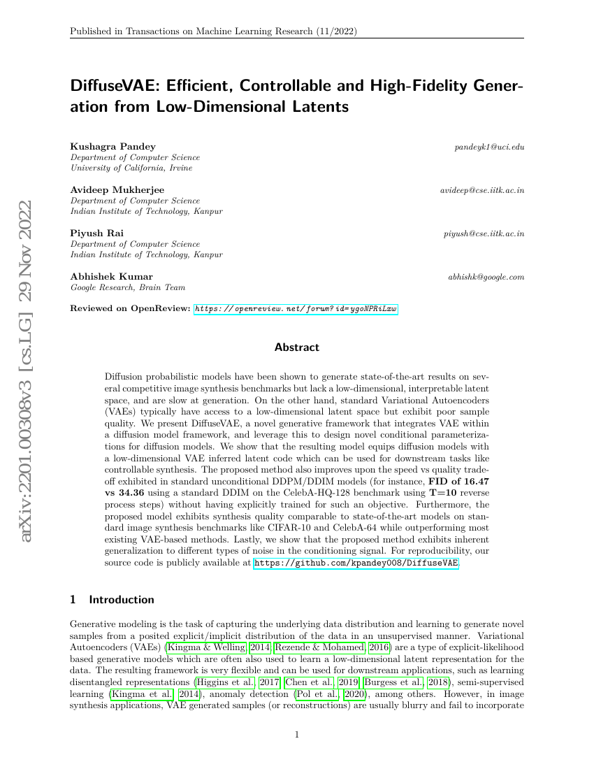 DiffuseVAE:从低维隐空间实现高效、可控且高保真的生成