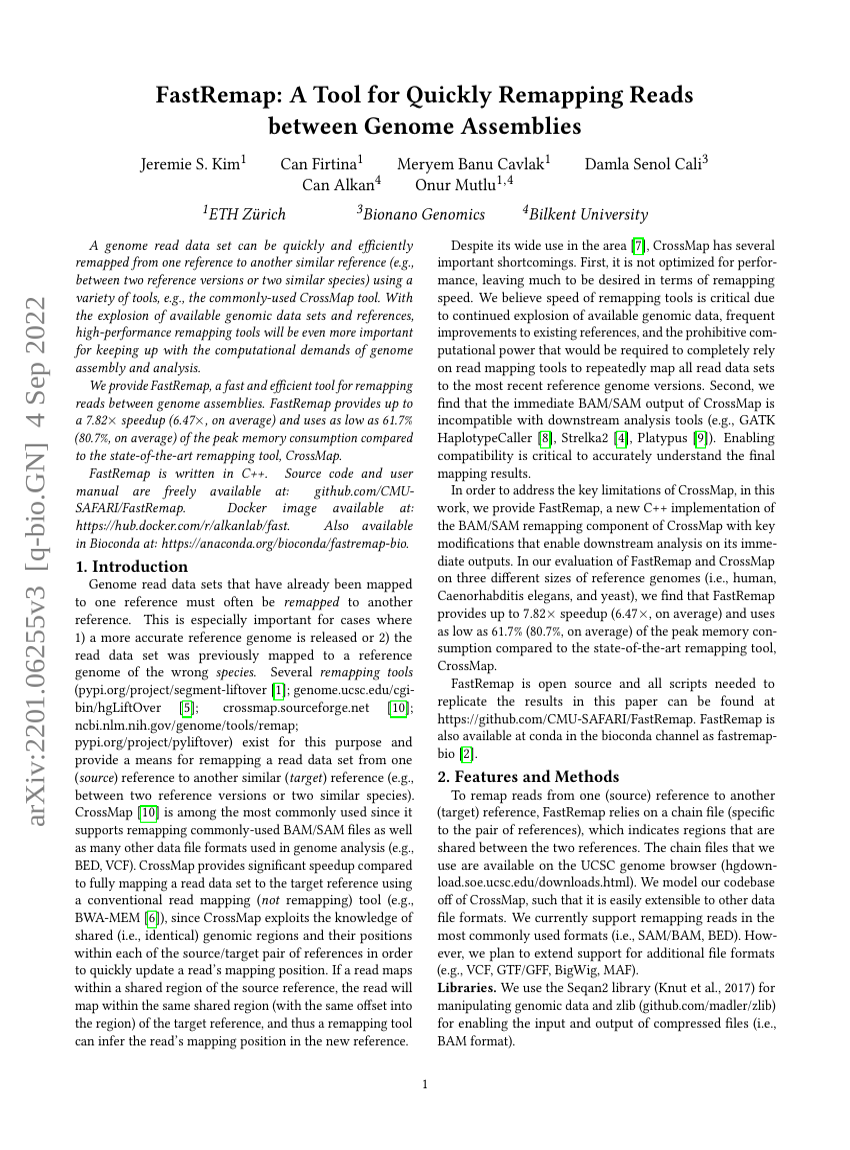 FastRemap: A Tool for Quickly Remapping Reads between Genome Assemblies