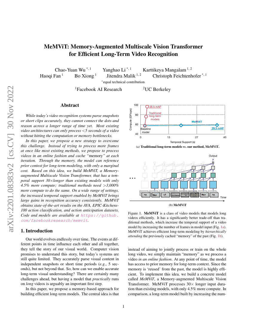MeMViT:用于高效长时视频识别的记忆增强多尺度视觉Transformer