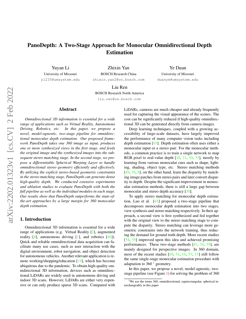 PanoDepth:一种单目全景深度估计的两阶段方法