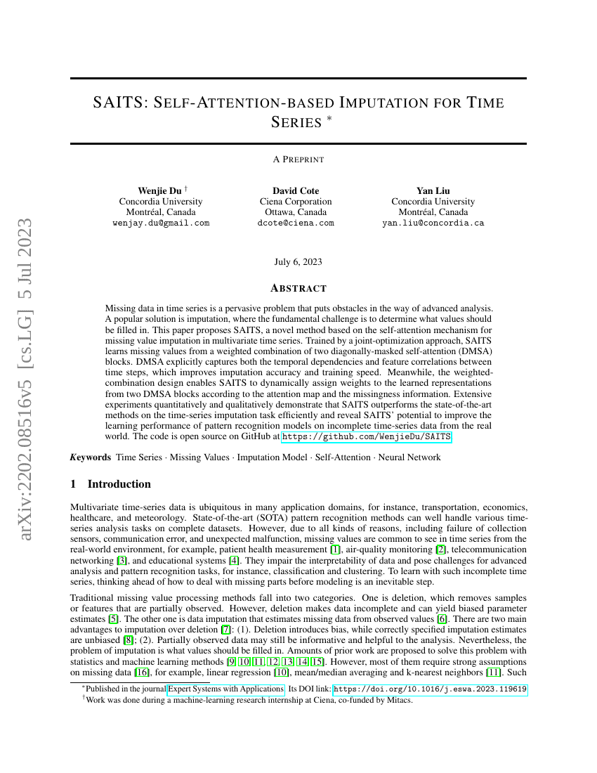 SAITS:基于自注意力机制的时间序列插补方法