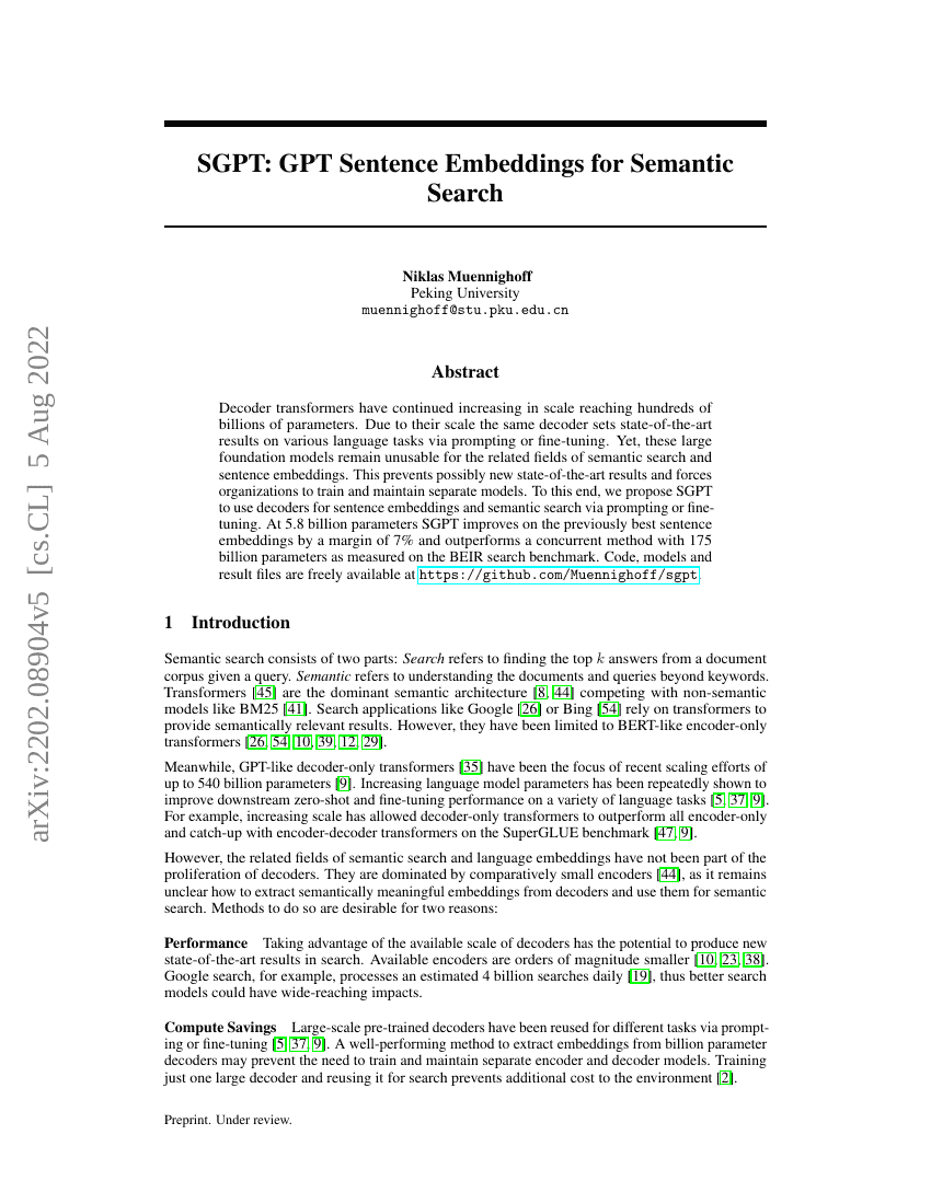 SGPT:用于语义搜索的GPT句子嵌入