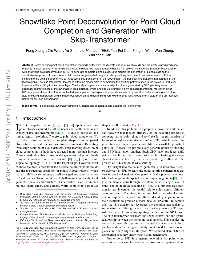 基于跳跃Transformer的点云补全与生成的雪花点去卷积方法
