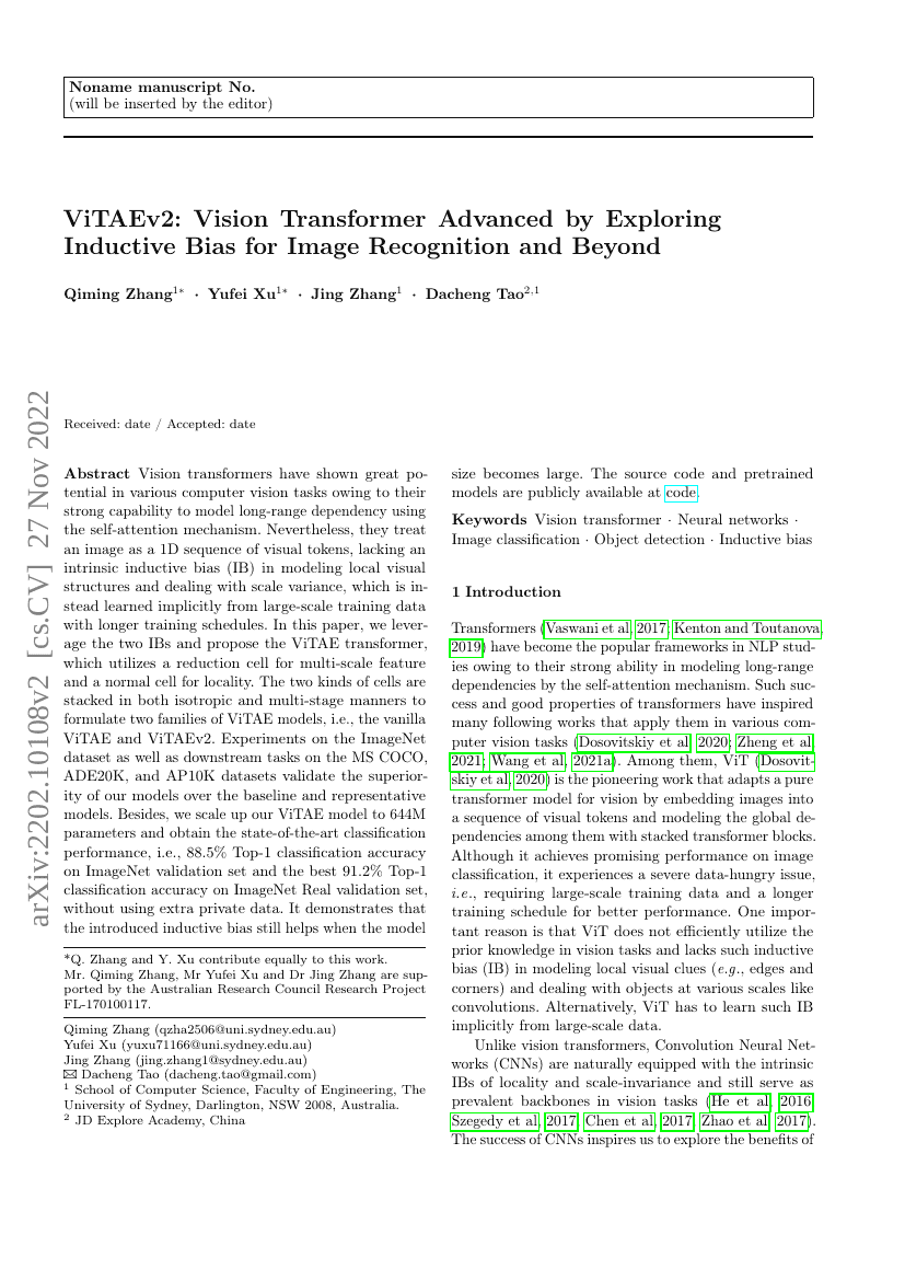 ViTAEv2：通过探索归纳偏置提升视觉Transformer在图像识别及其他任务中的性能