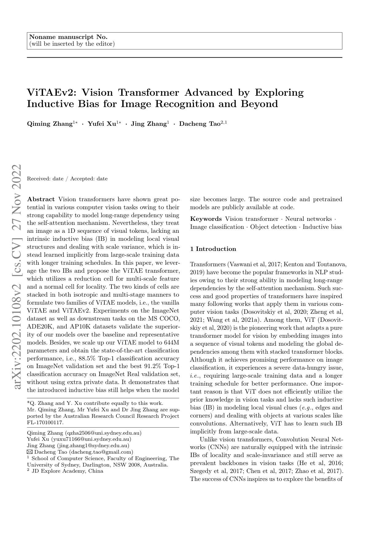 ViTAEv2:画像認識およびそれ以上の分野におけるインダクティブバイアスの探索による視覚変換器の高度化