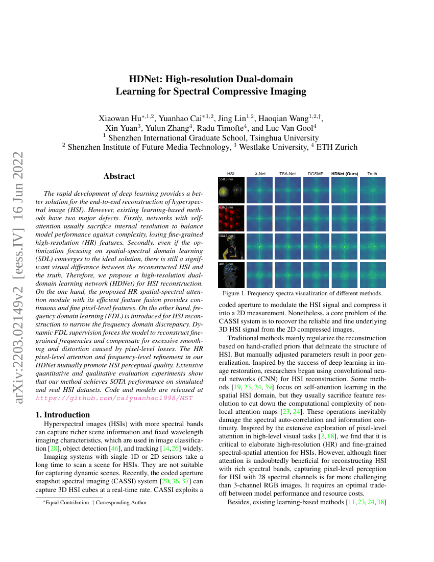 HDNet:用于光谱压缩成像的高分辨率双域学习