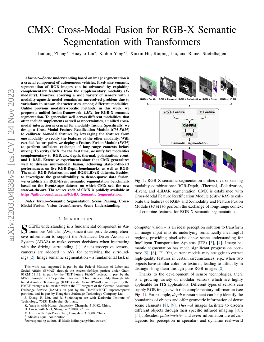 CMX：基于Transformer的RGB-X语义分割跨模态融合方法