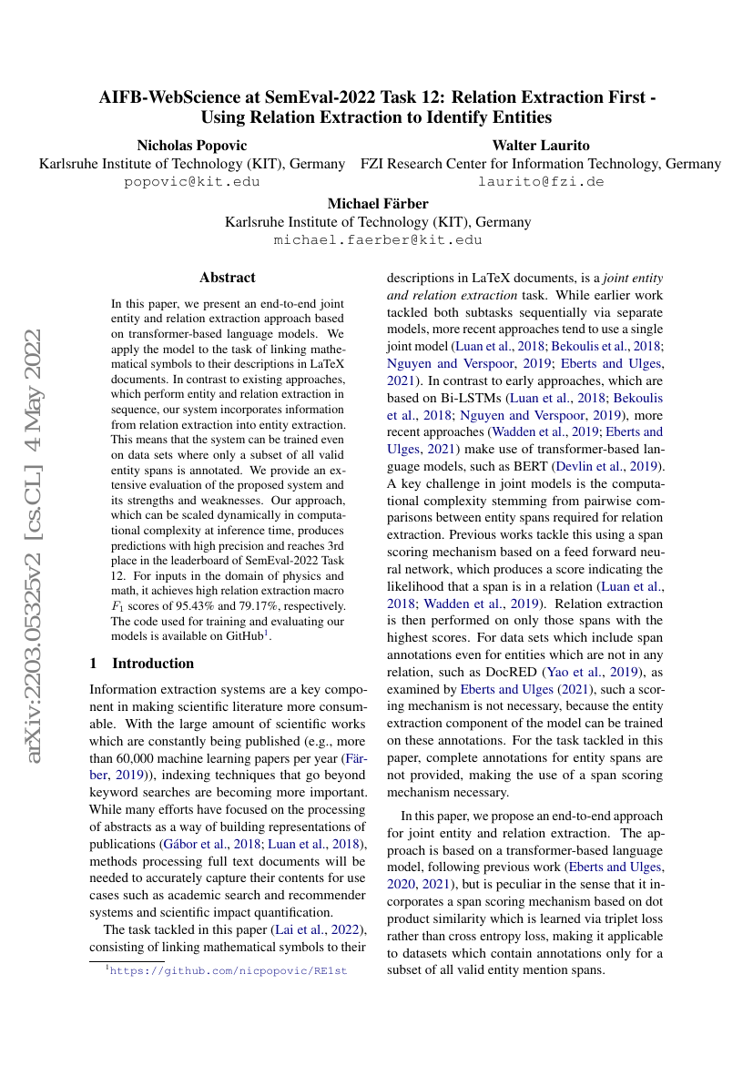 AIFB-WebScience 在 SemEval-2022 第 12 项任务中的表现:关系抽取优先——利用关系抽取识别实体