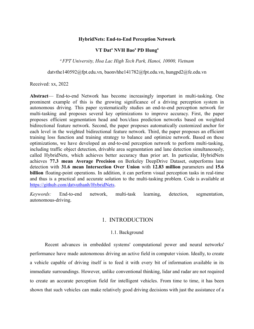 HybridNets:端到端感知网络