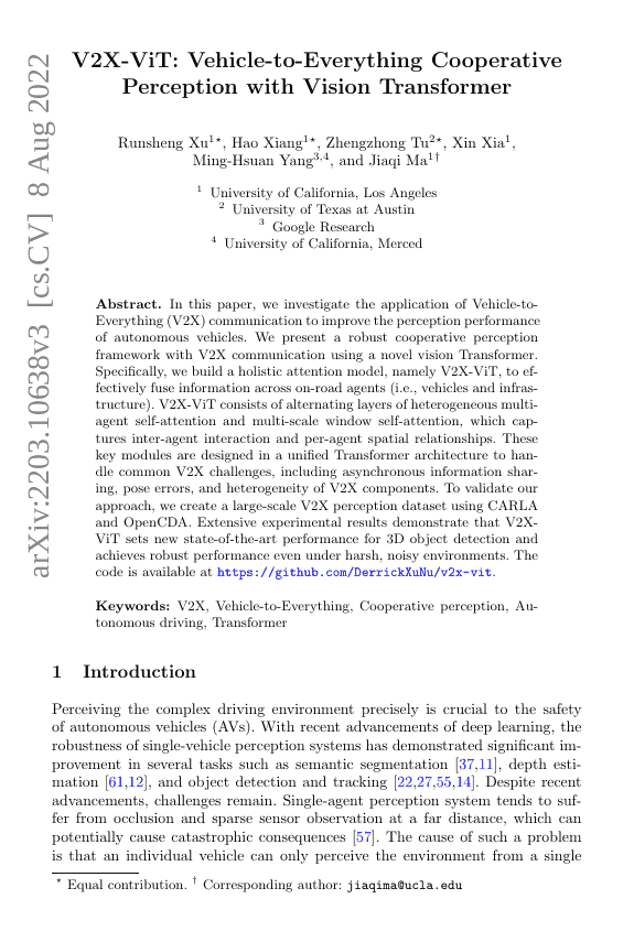 V2X-ViT:基于视觉Transformer的车与万物协同感知