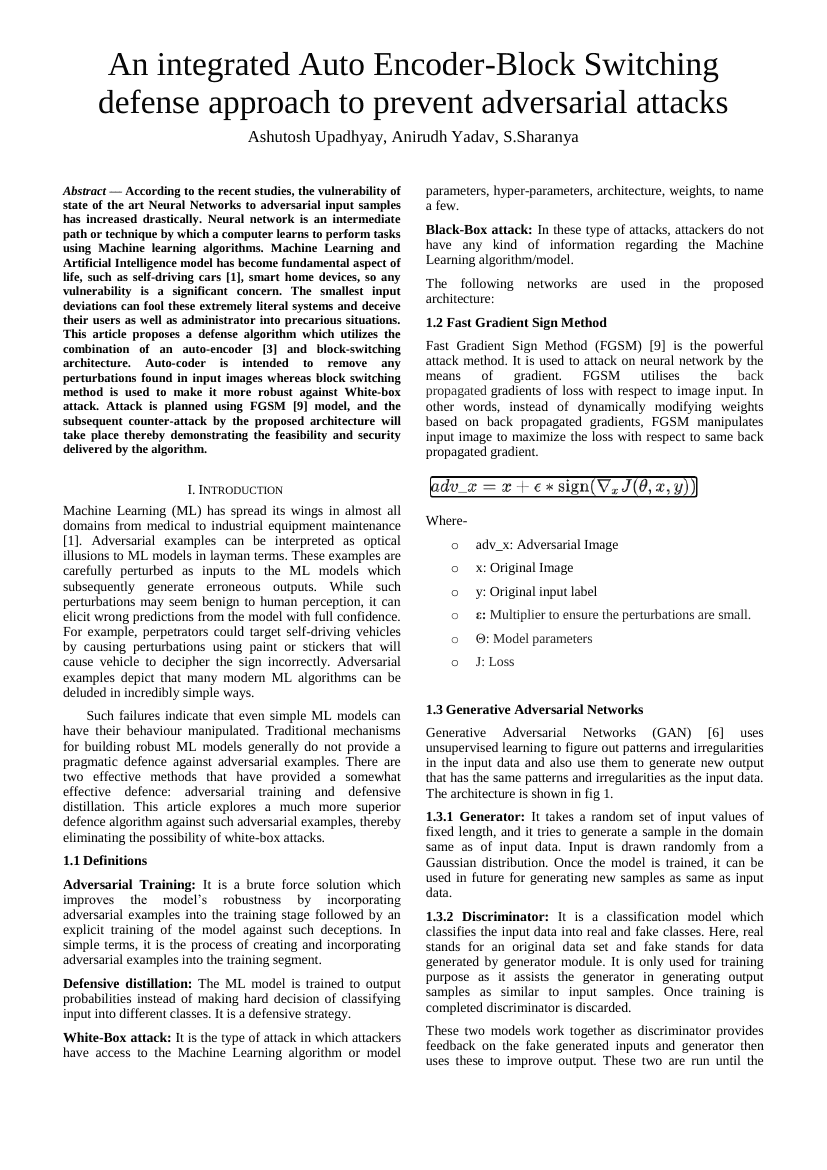 一种集成自编码器-块切换的防御方法以防止对抗性攻击