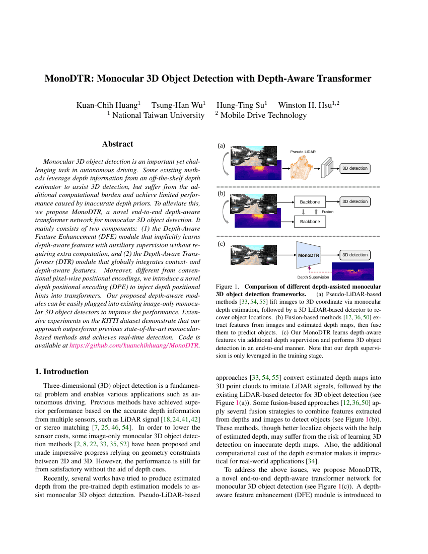 MonoDTR:基于深度感知变换器的单目3D目标检测