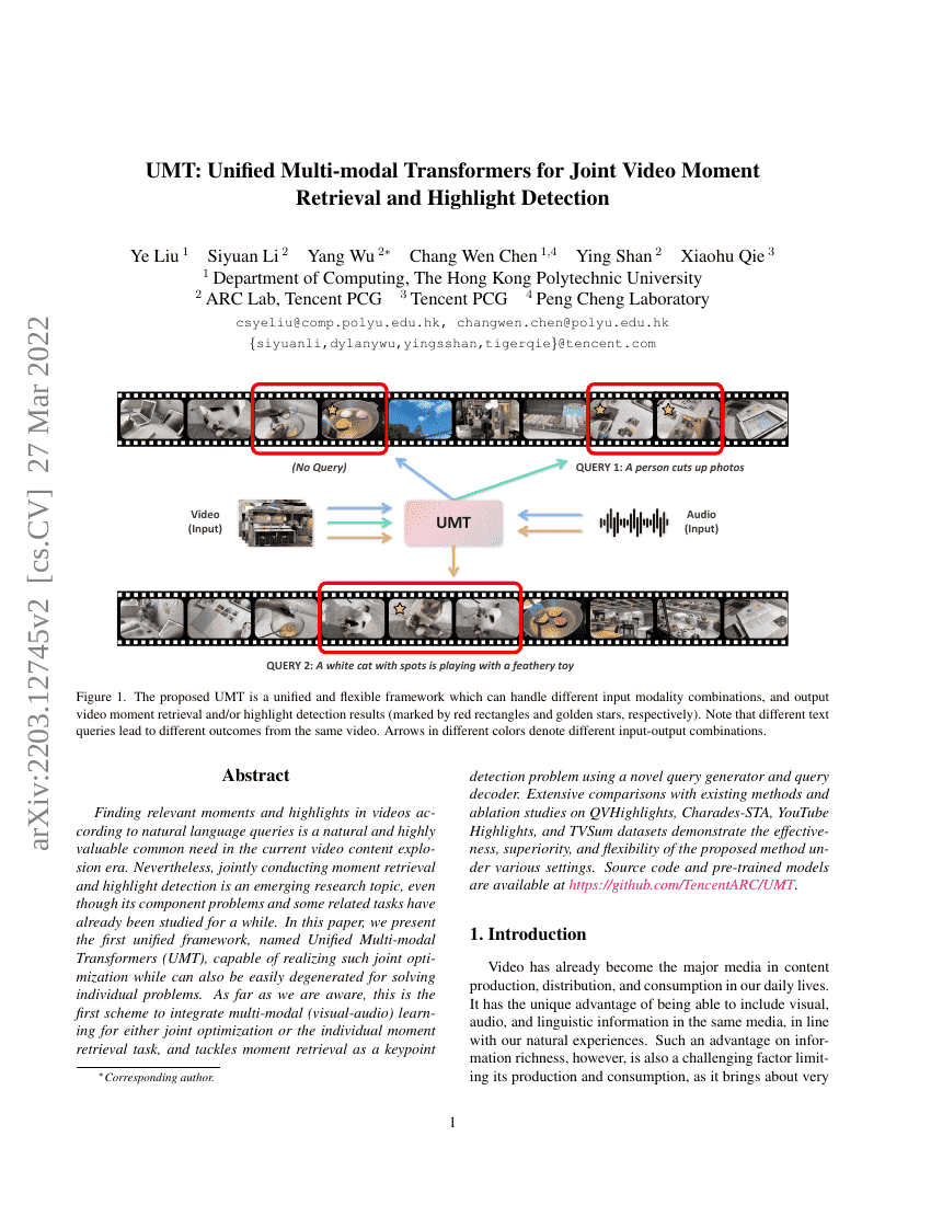 UMT:用于联合视频瞬间检索与精彩片段检测的统一多模态Transformer