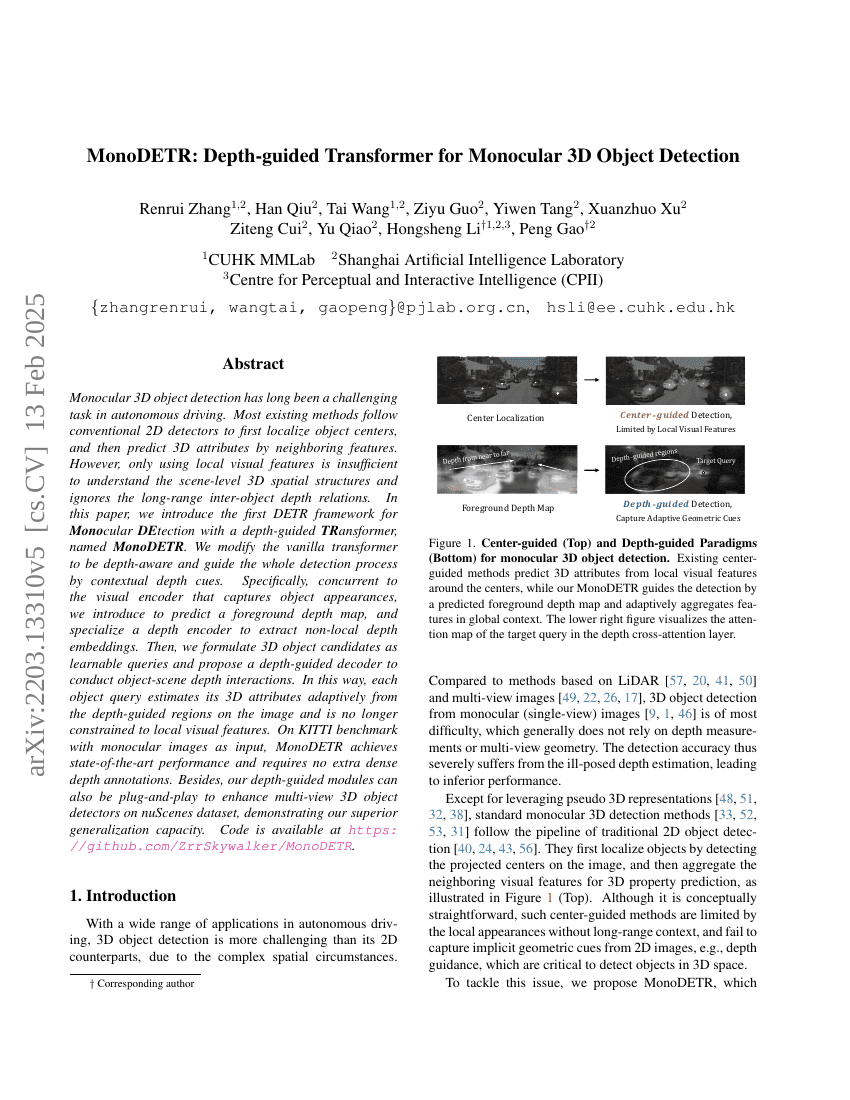 MonoDETR:基于深度引导的Transformer用于单目3D目标检测