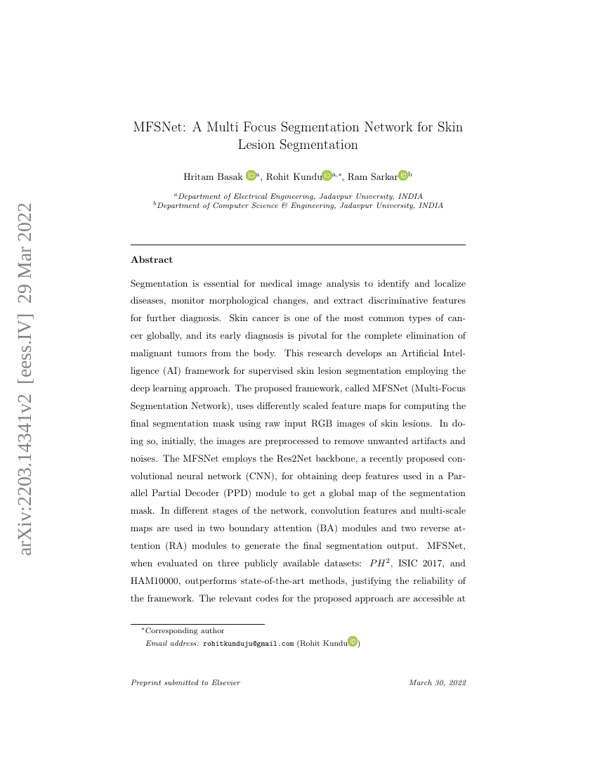 MFSNet:一种用于皮肤病变分割的多焦点分割网络