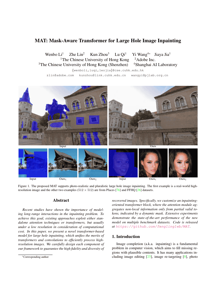 MAT:用于大孔洞图像修复的掩码感知Transformer