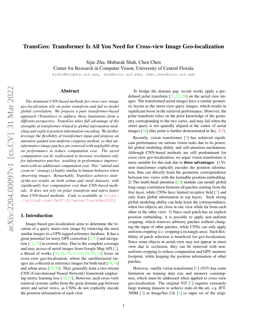 TransGeo:Transformer 便是跨视角图像地理定位所需的一切