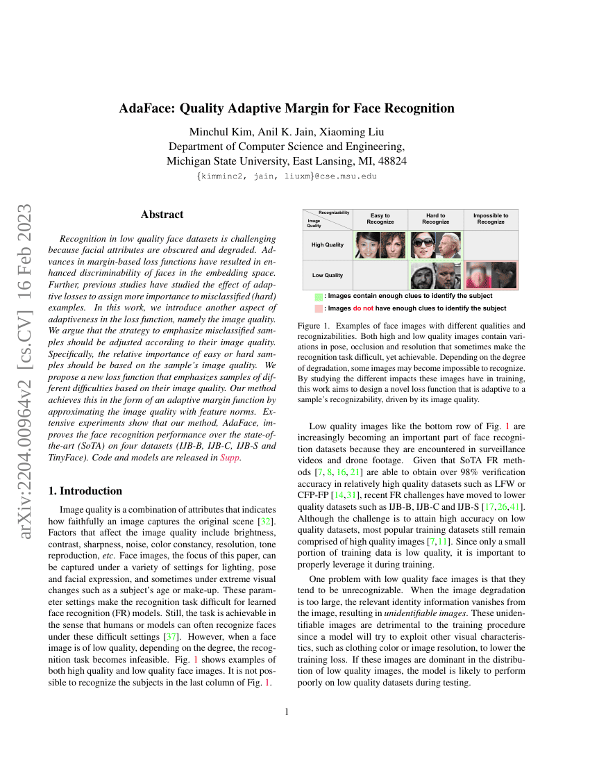 AdaFace:面向人脸识别的质量自适应边距