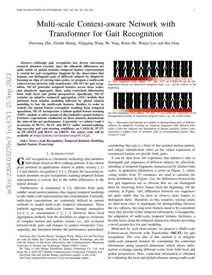 多尺度上下文感知网络与Transformer在步态识别中的应用