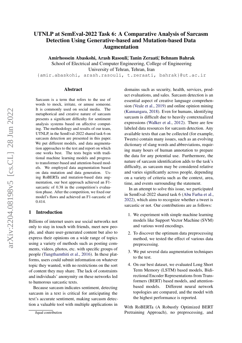 UTNLP 参与 SemEval-2022 任务 6:基于生成式与变异式数据增强的讽刺检测对比分析