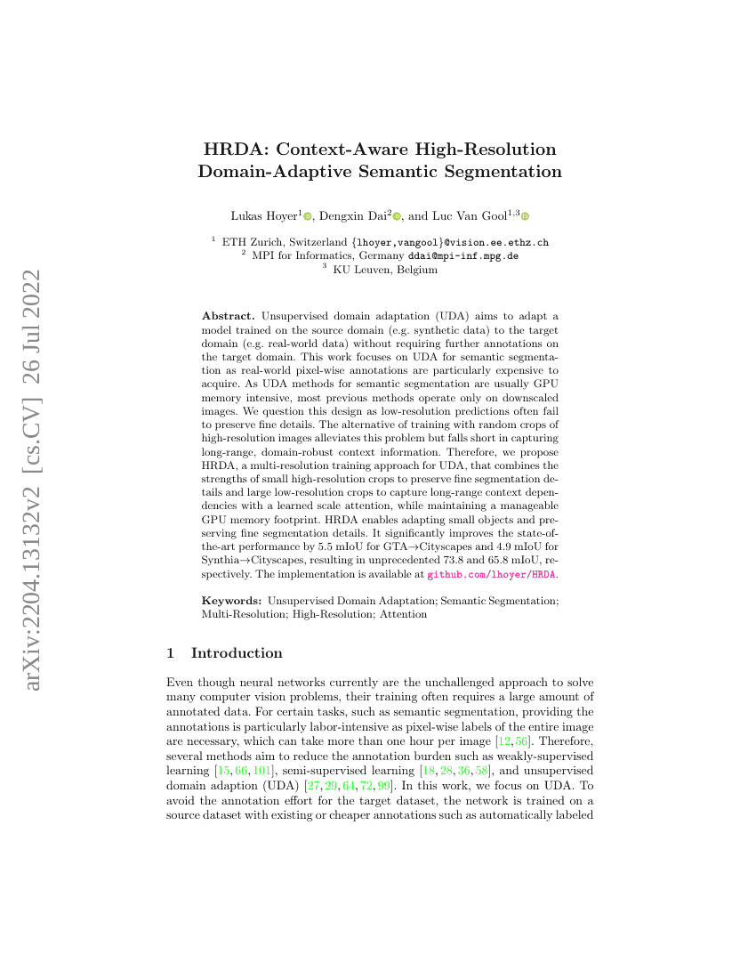 HRDA:上下文感知的高分辨率领域自适应语义分割