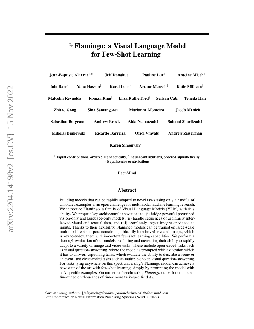 Flamingo：一种用于少样本学习的视觉语言模型