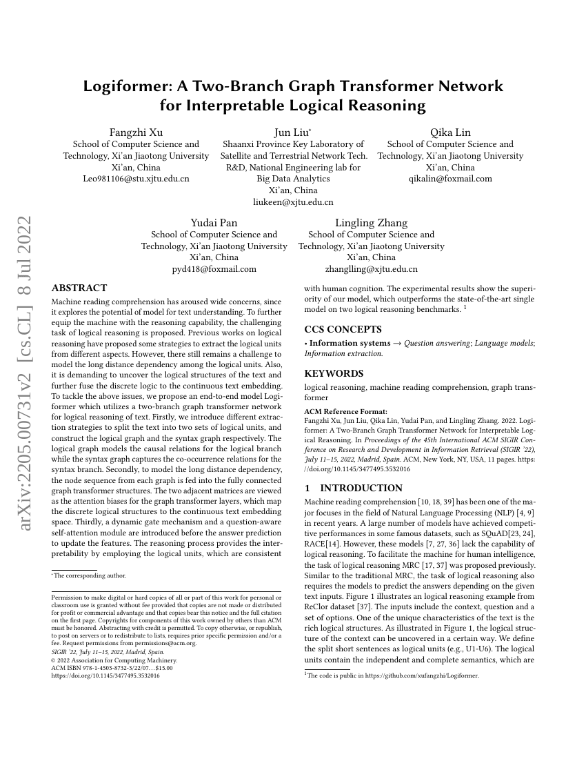 Logiformer:一种用于可解释逻辑推理的双分支图Transformer网络