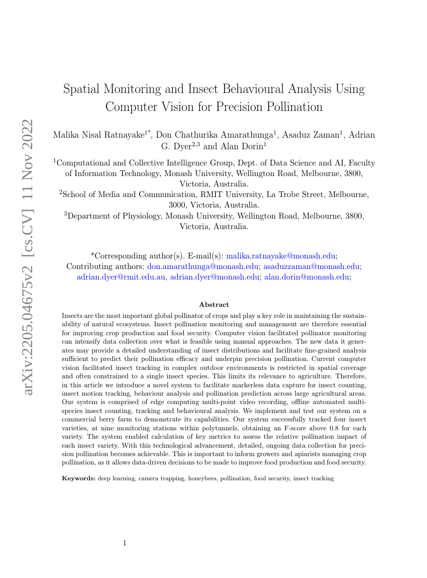 Spatial Monitoring and Insect Behavioural Analysis Using Computer Vision for Precision Pollination