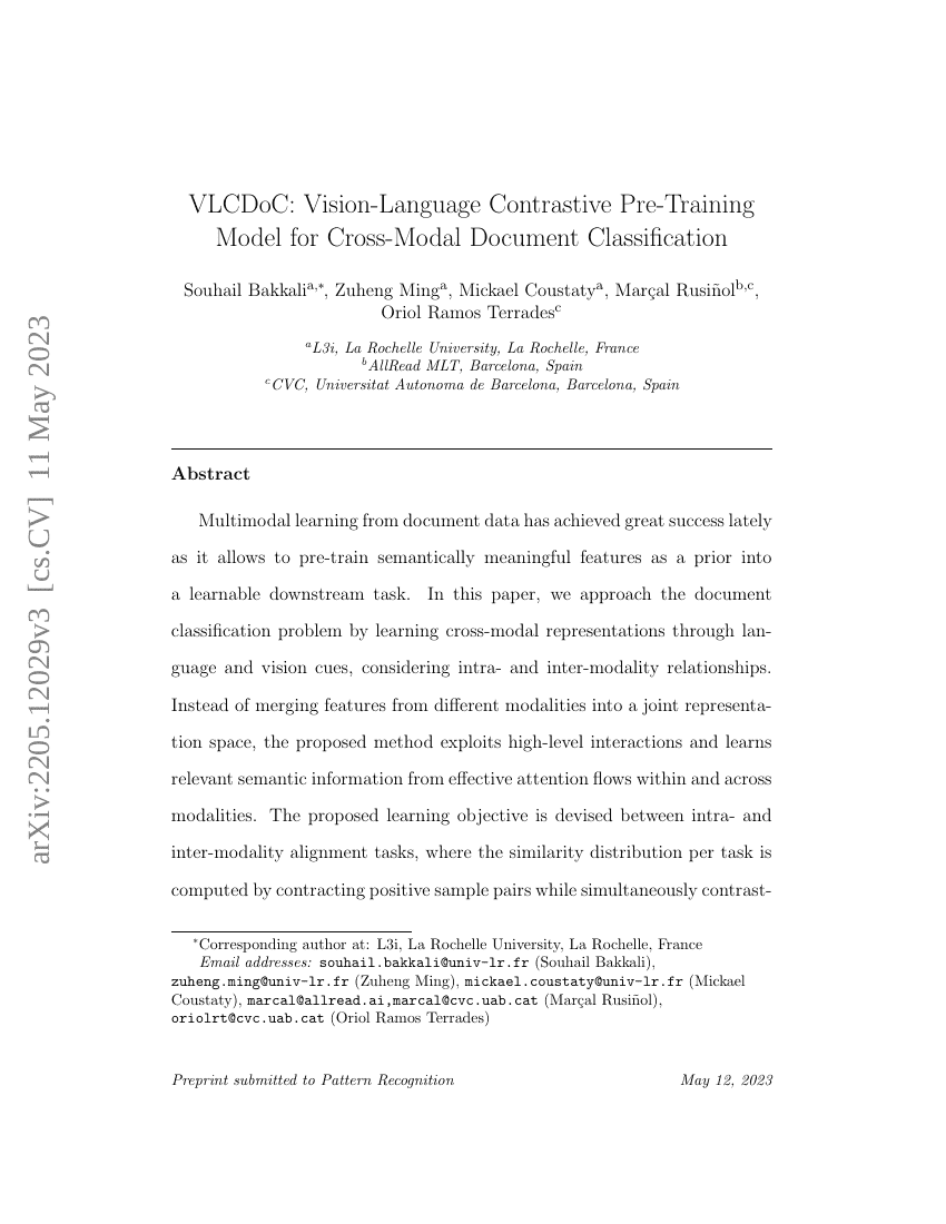VLCDoC:用于跨模态文档分类的视觉-语言对比预训练模型