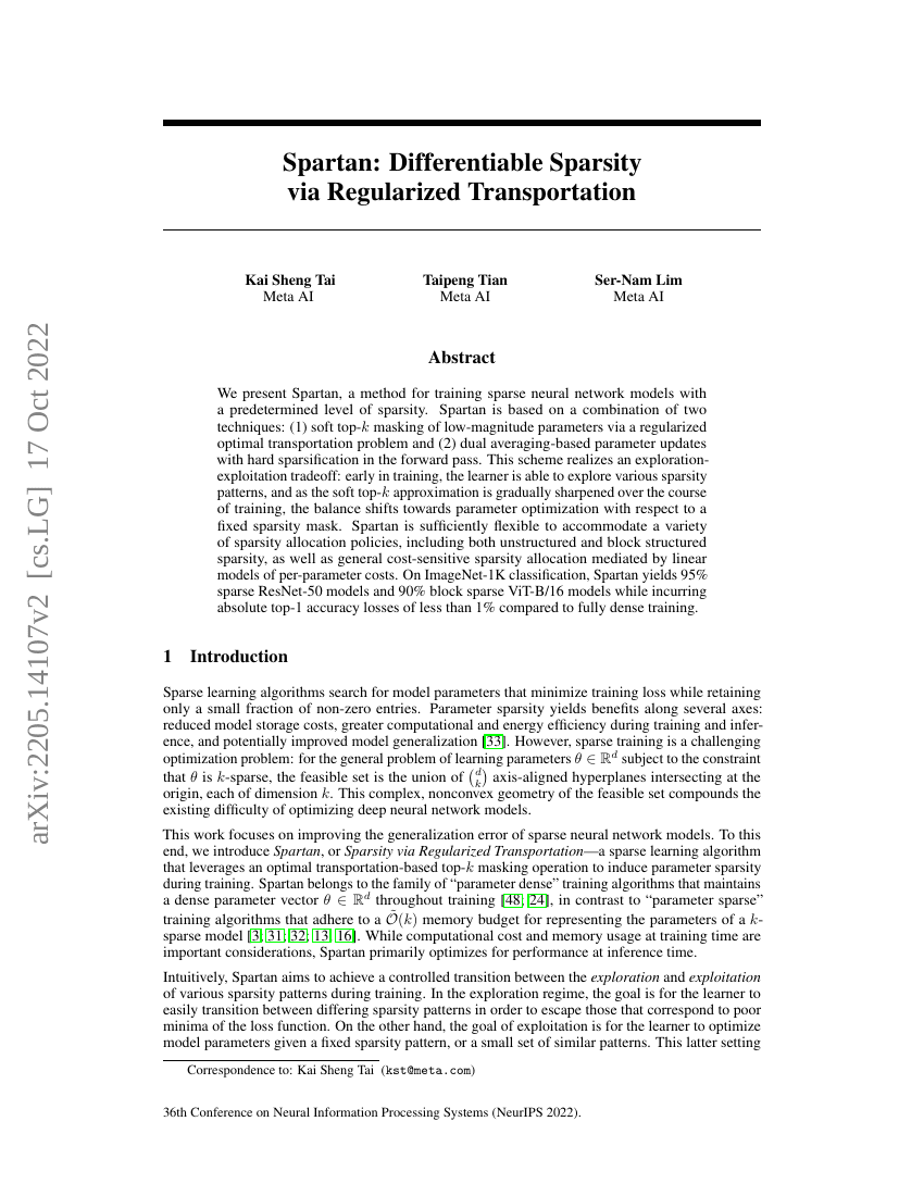 Spartan:通过正则化运输实现可微稀疏性