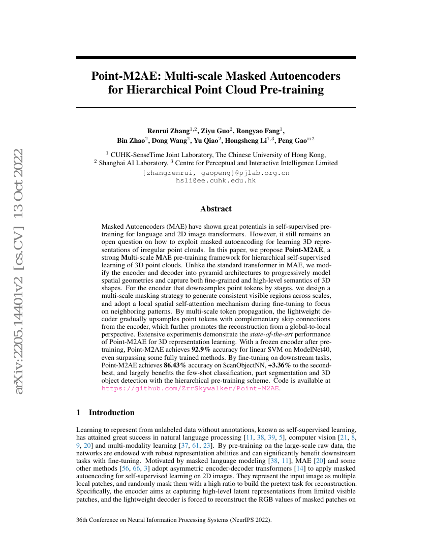 Point-M2AE:用于层次点云预训练的多尺度掩码自编码器