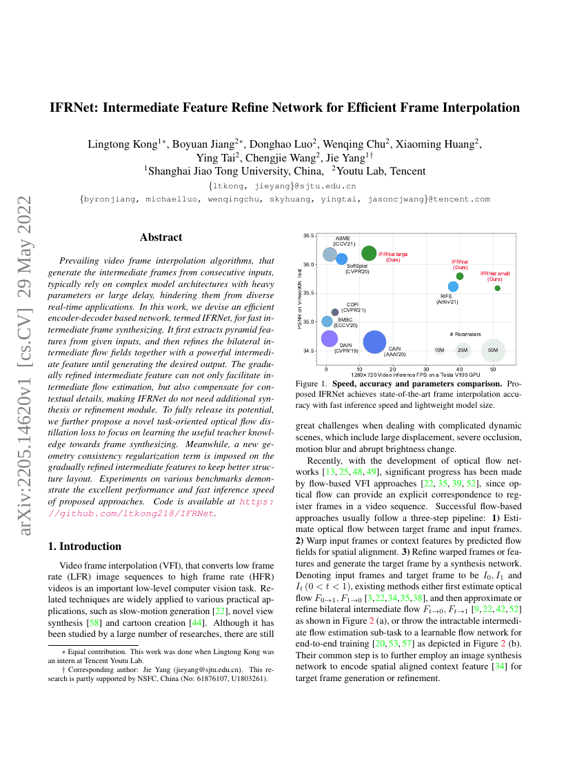 IFRNet:用于高效帧插值的中间特征精炼网络