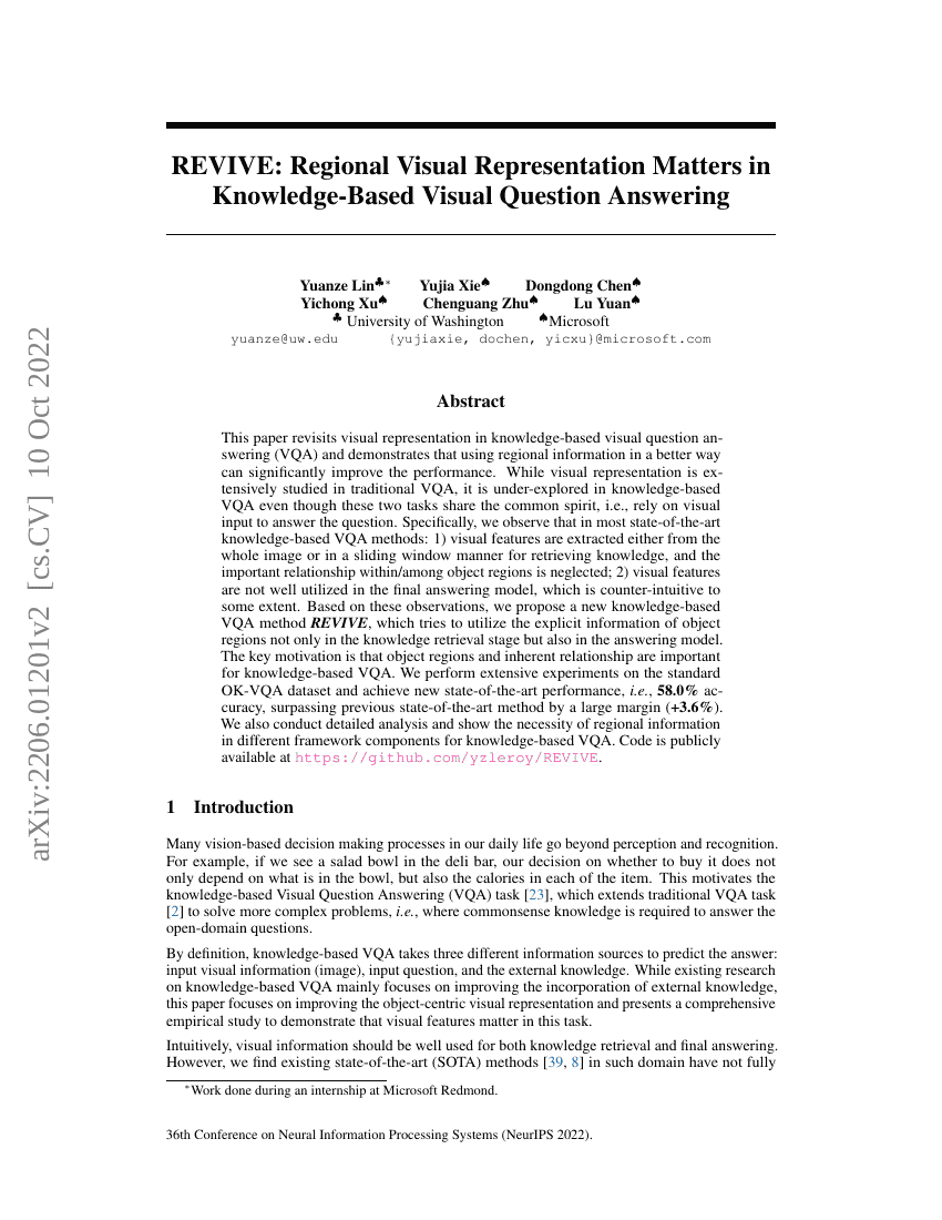 REVIVE:区域视觉表征在基于知识的视觉问答中至关重要