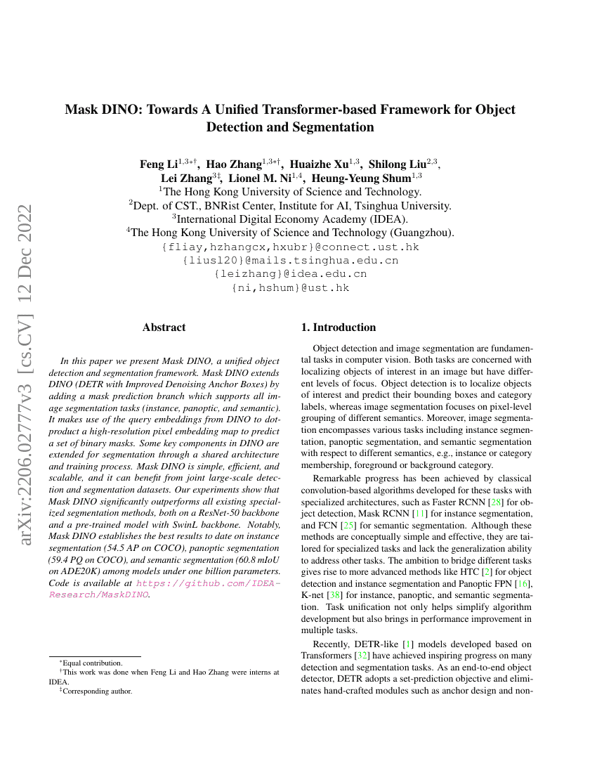 Mask DINO:面向统一的基于Transformer的目标检测与分割框架