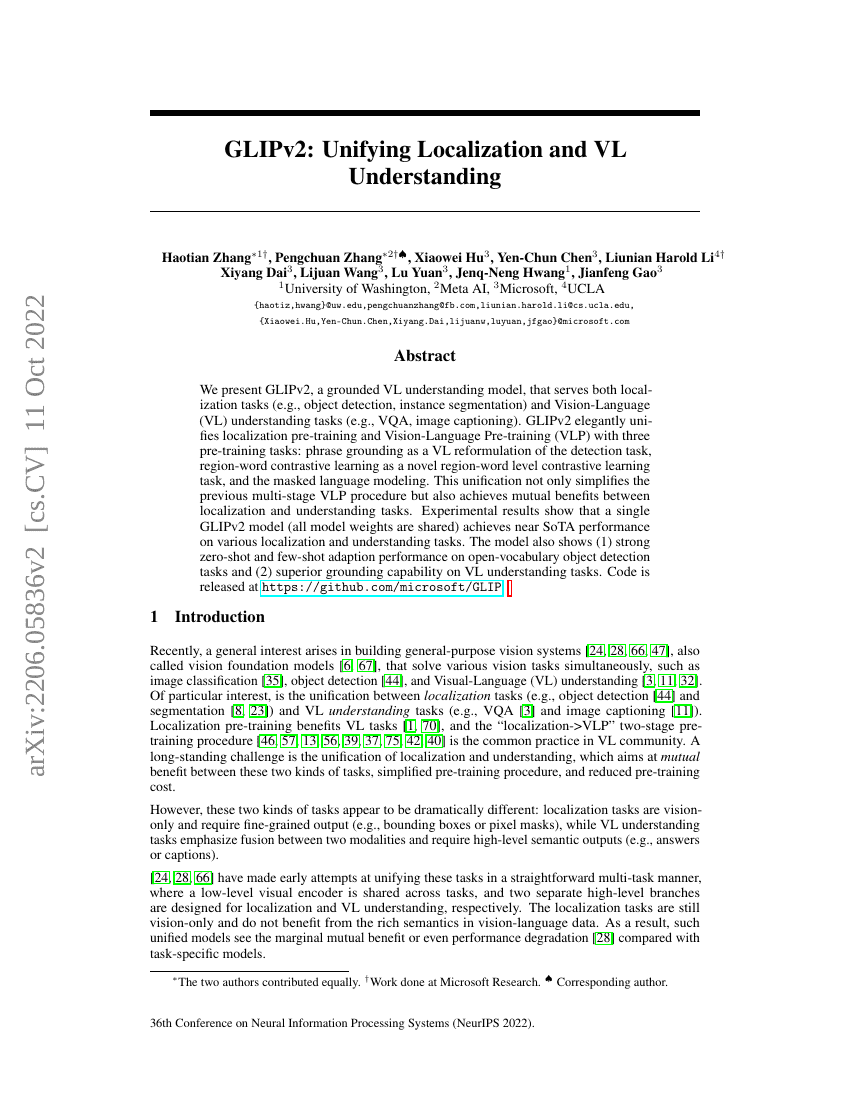 GLIPv2:统一定位与视觉-语言理解