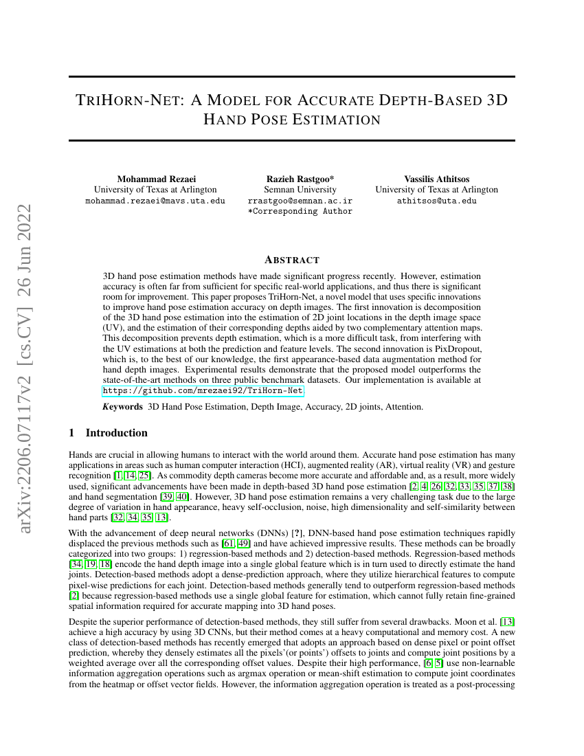 TriHorn-Net:一种用于精确基于深度的3D手部姿态估计的模型