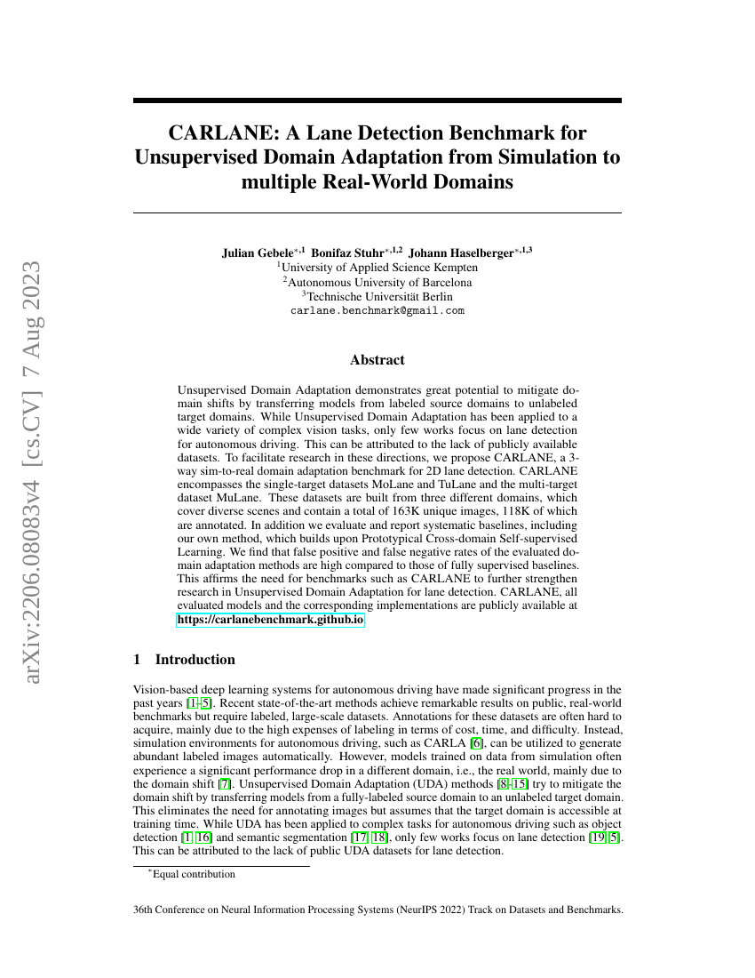 CARLANE:面向从仿真到多个真实世界场景的无监督域自适应车道检测基准