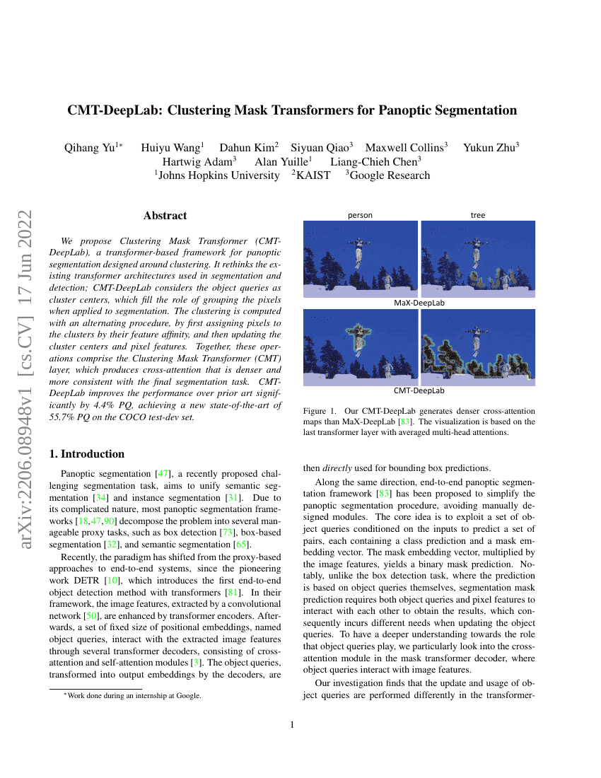 CMT-DeepLab:用于全景分割的聚类掩码Transformer