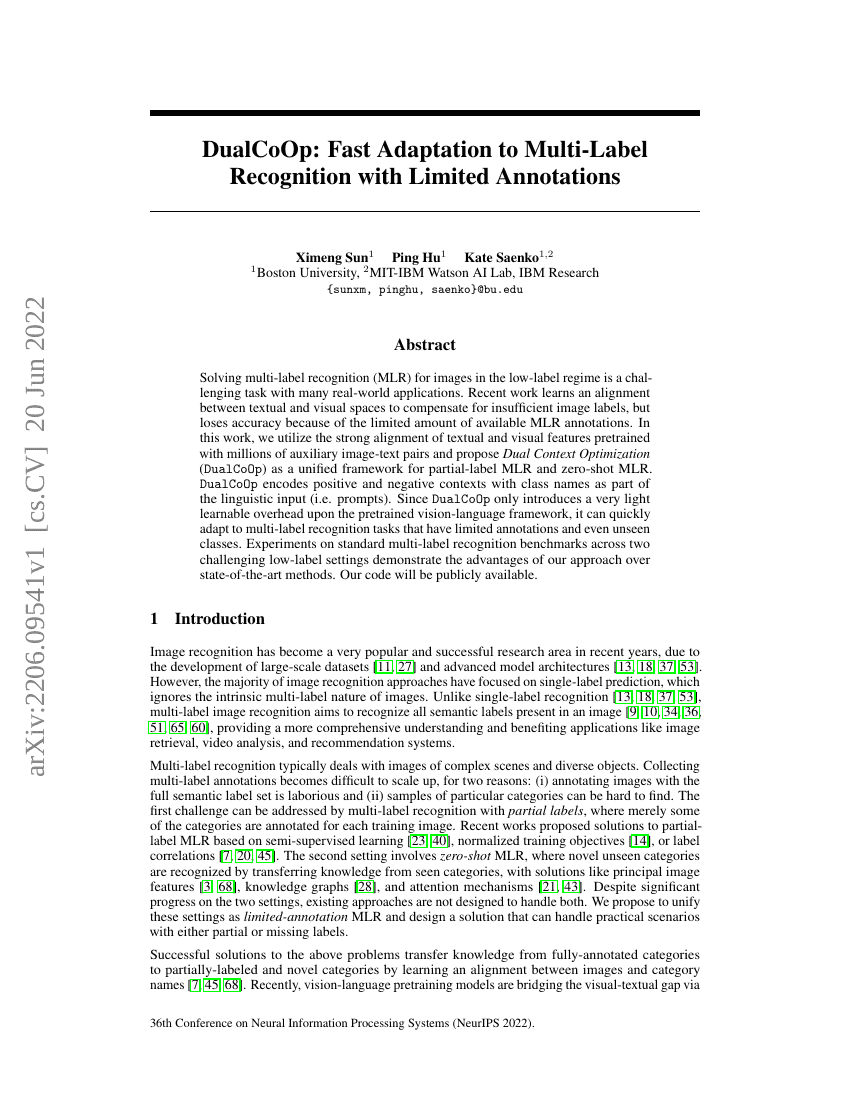 DualCoOp:有限标注下的快速多标签识别适应