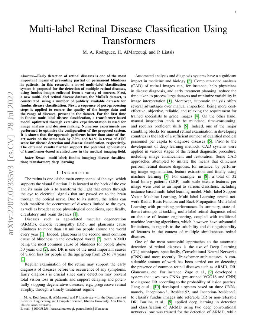基于Transformer的多标签视网膜疾病分类