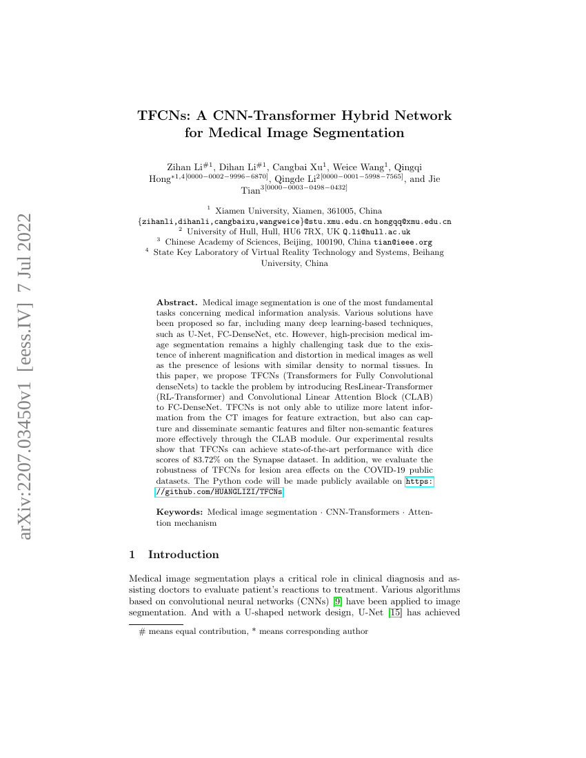 TFCNs:一种用于医学图像分割的CNN-Transformer混合网络