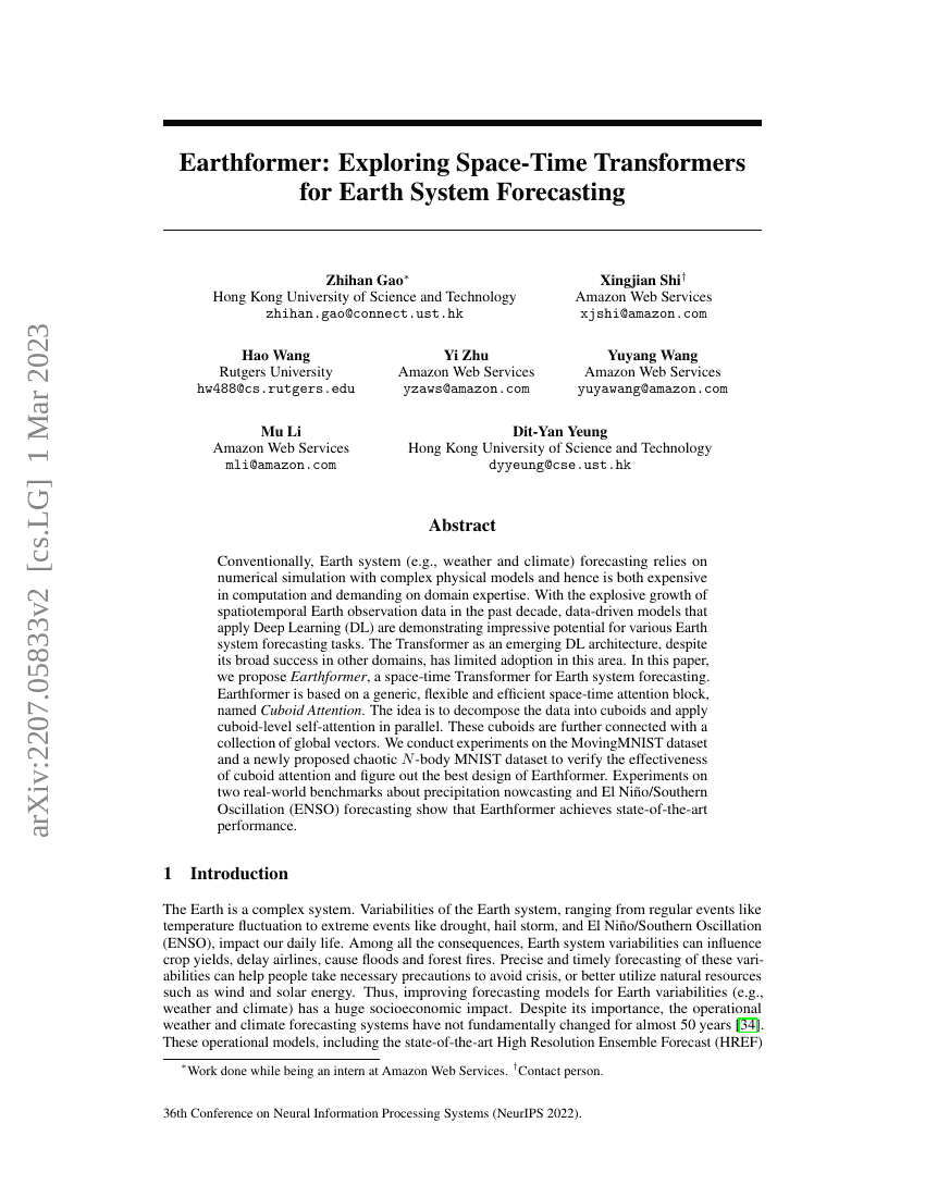 Earthformer:探索用于地球系统预报的空间-时间变换器