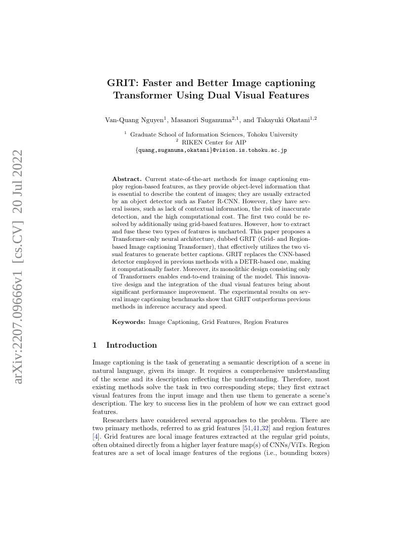 GRIT:基于双视觉特征的更快更优图像描述Transformer
