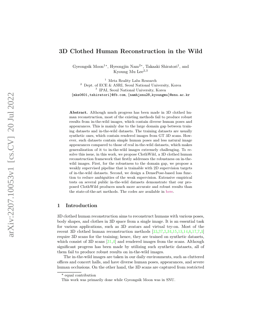 野生环境下的三维着衣人体重建