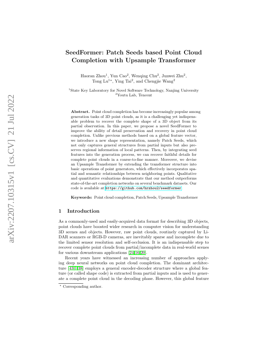 SeedFormer:基于补丁种子的点云补全方法与上采样Transformer
