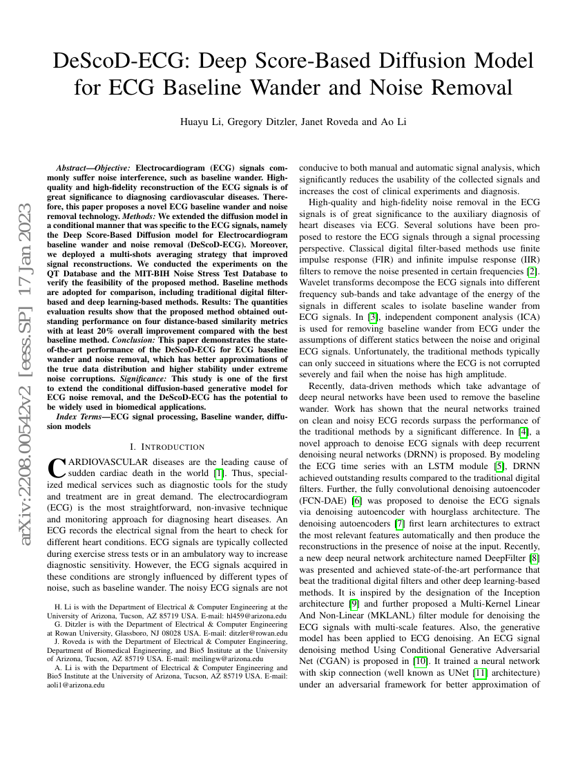 DeScoD-ECG:用于心电图基线漂移和噪声去除的深度分数扩散模型