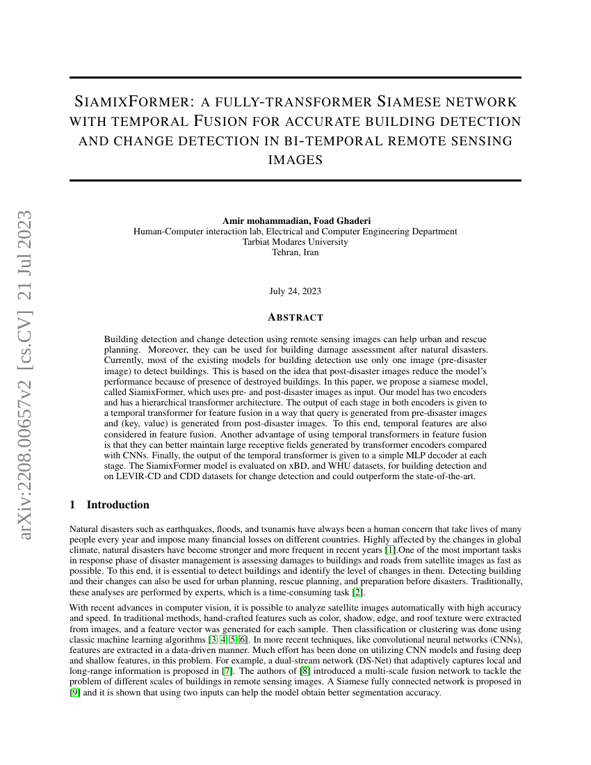 SiamixFormer：一种全变换器Siamese网络，具有时间融合功能，用于准确的建筑物检测和变化检测在双时相遥感图像中