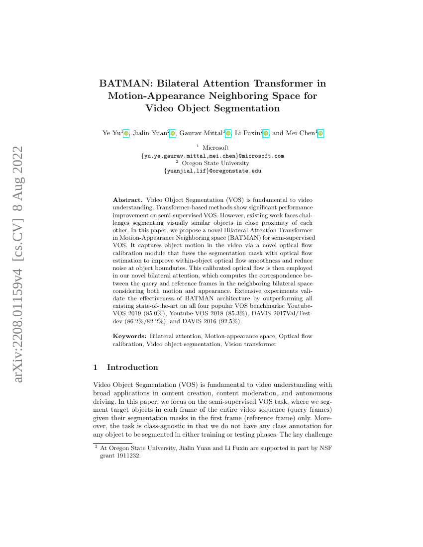 BATMAN:运动-外观邻域空间中的双边注意力变换器用于视频目标分割