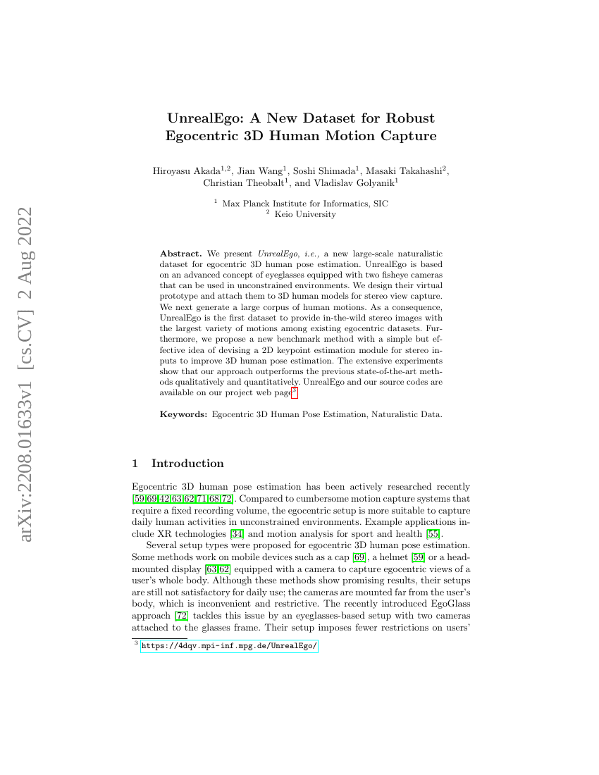 UnrealEgo:一个新的鲁棒性第一人称3D人体运动捕捉数据集